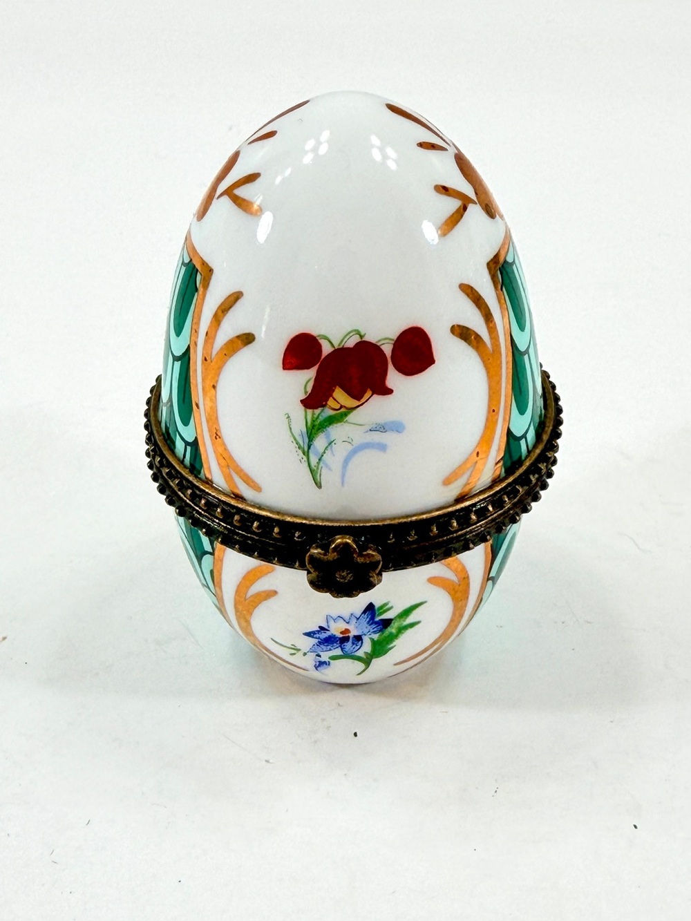 Limoges Style Porcelain Egg Shape Hinged Trinket Box Hand Painted Flowers